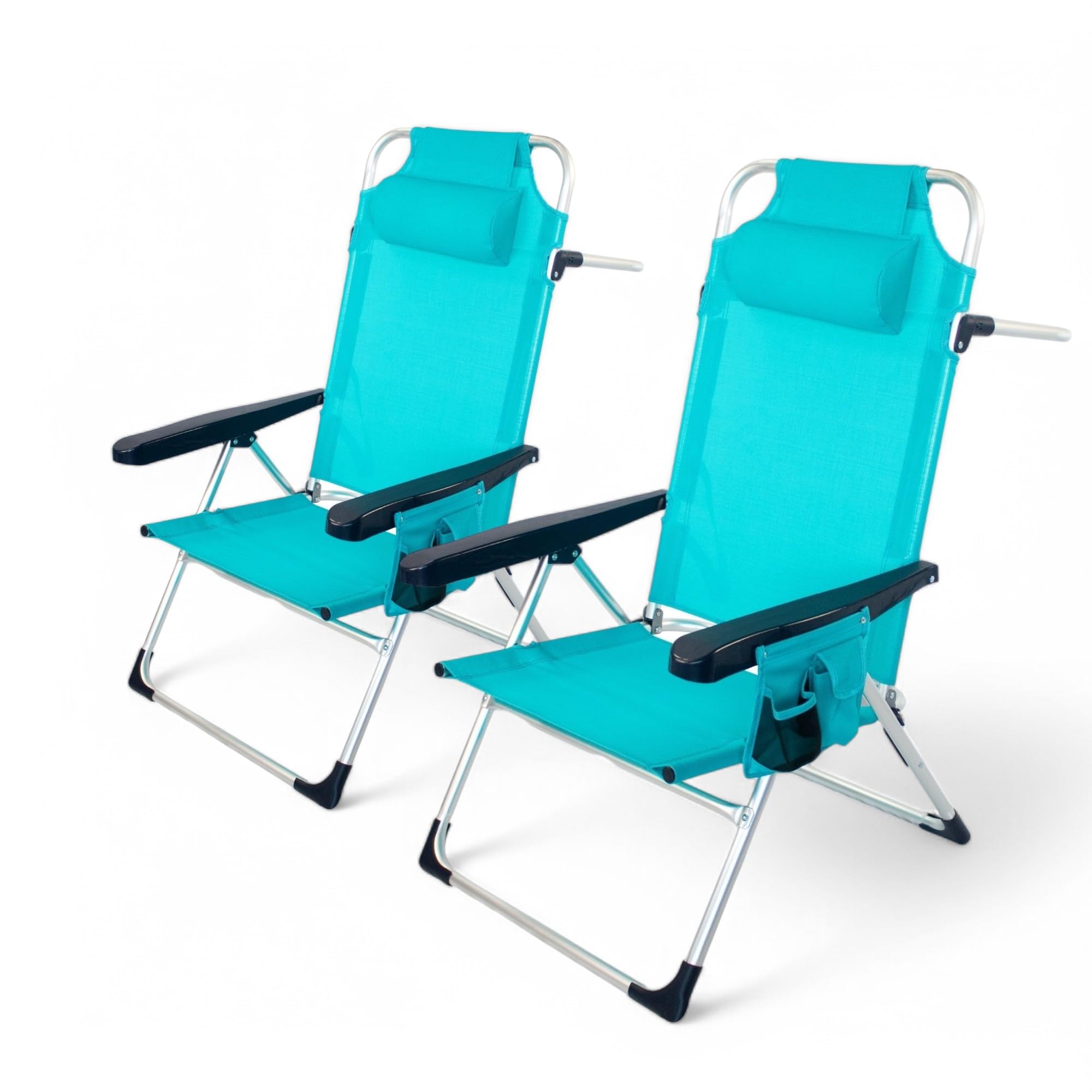 Pincho Silla Playa Plegable, Sillon Alto con Cojín, Reclinable, Altura del Asiento 29,5 cm, Asa de Transporte, Bolsillo para Movil y Bebida Textileno Resistente, Jardin, Camping, Hamaca (Turquesa, 2)