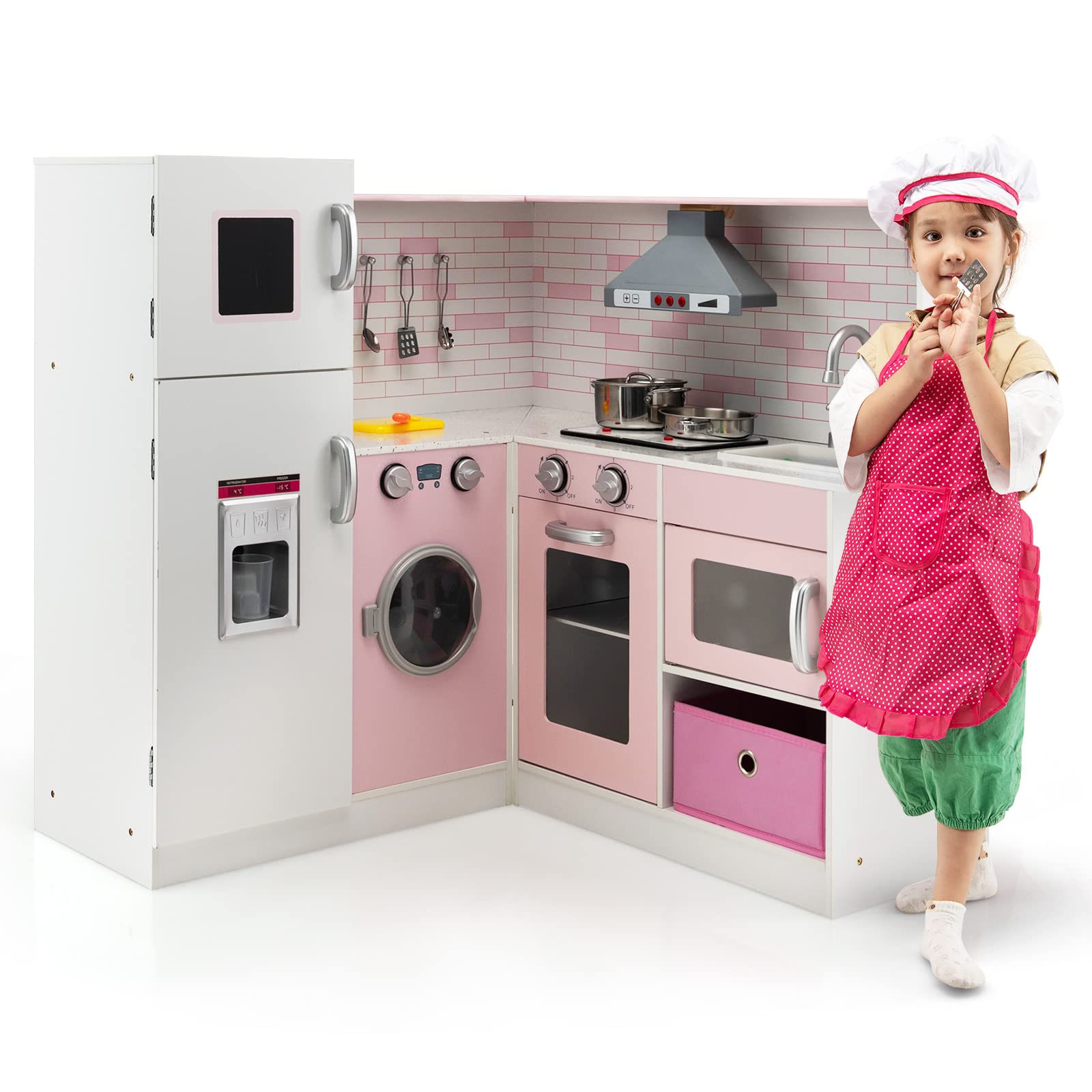 Maxmass Wooden Kids Corner Kitchen, Children Role Play Cooking Playset with Light & Sound, Ice Dispenser, Apron, Chef Hat, Chef Hat, Range Hood, Toddler Toy Kitchen Play for 3+ Years Old (Pink)
