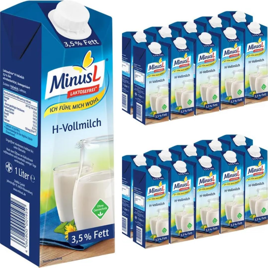 MinusL Milch Laktosefreie H-Milch 3,5% Fett Haltbare Milch, je 1 Liter, 20 Stück+ pufai