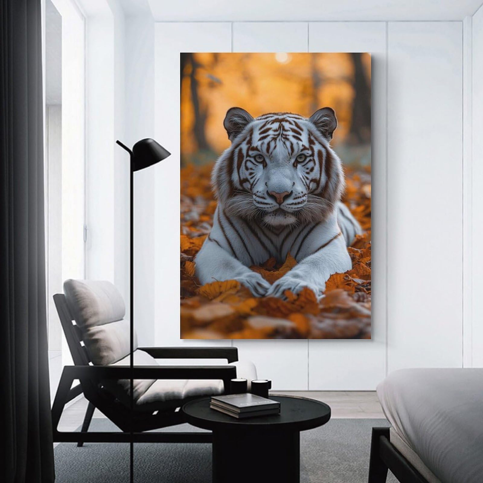 Junmoney White Tiger in Autumn Leaves Home Decor Wall Art 16x24inch(40x60cm), for Living Room, Lounge Or Sitting Room, A Home Accent with Warm Character