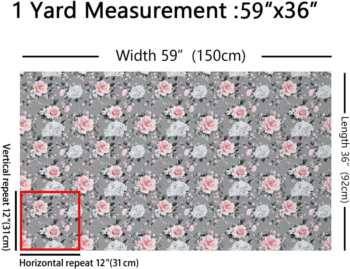Rose Flowers Fabric by The Yard for DIY, Rose Sketch Leaves Plant Stripe Spot Print Microfiber Fabric for Teens,Retro Decorative Fabric for Kids Girls Decor,5 Yards,180" L x 59" W,Pink Grey