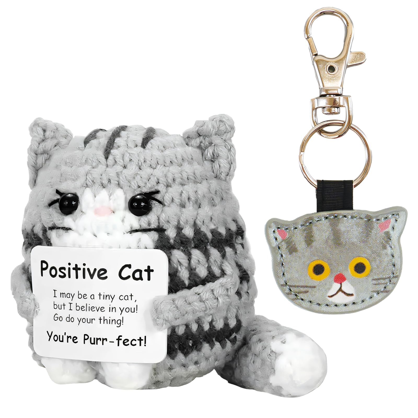 OhebEsx 2er-Set Positive Potato Häkelkatze Katze, Emotional Support Kuscheltier Glücksbringer Katze, Positive Cat als Geschenkidee, Strickwaren Katzen Set mit Schlüsselanhänger