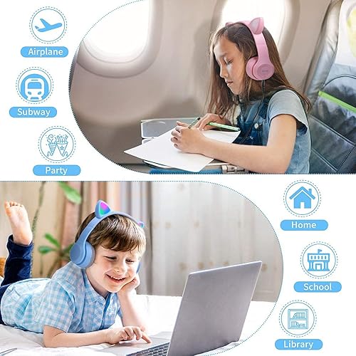 Miniatura 6 de Auriculares inalámbricos con orejas de gato, auriculares para niños con micrófono y luz LED para gato, volumen seguro limitado de 85 dB, auriculares