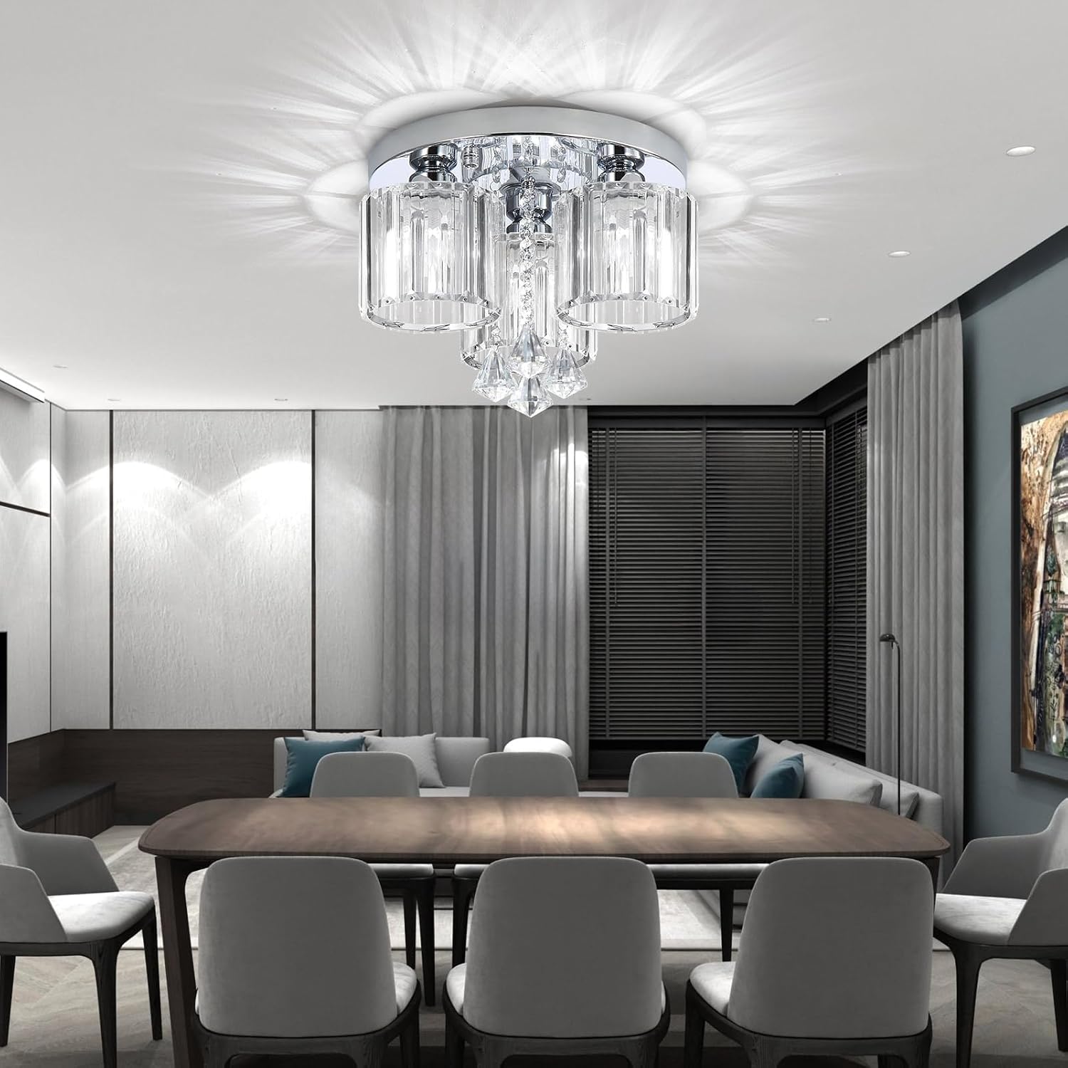 3-Light Glam Drum Chandelier Crystal Ceiling Light Fixture Kitchen LED Chandeliers for Bedroom Entrance Foyer Crystal Pendant Drops Silver Lamp