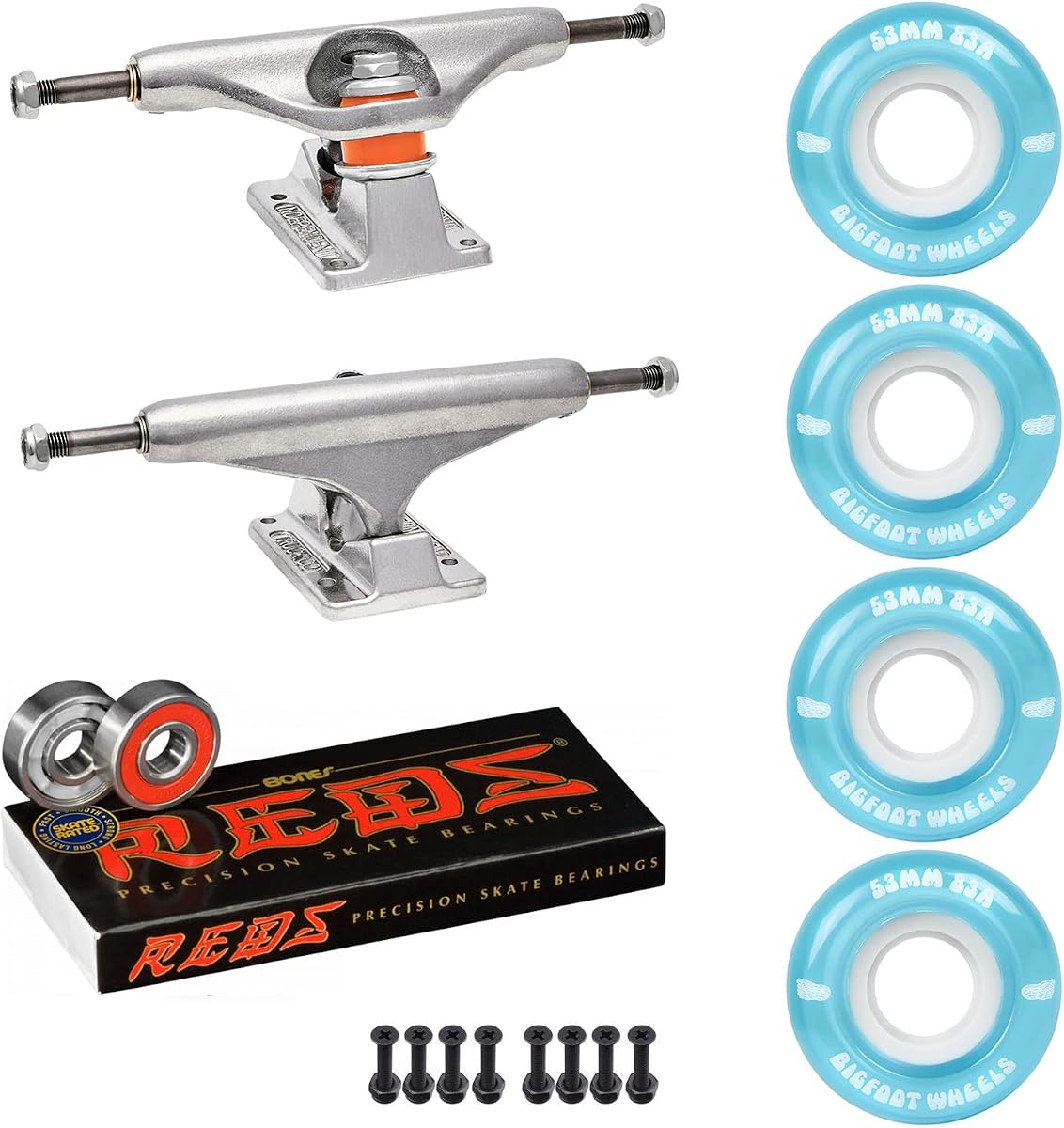 Skateboard Package Independent 159 Trucks 53mm 83A Blue Cruiser Wheels Bones Reds