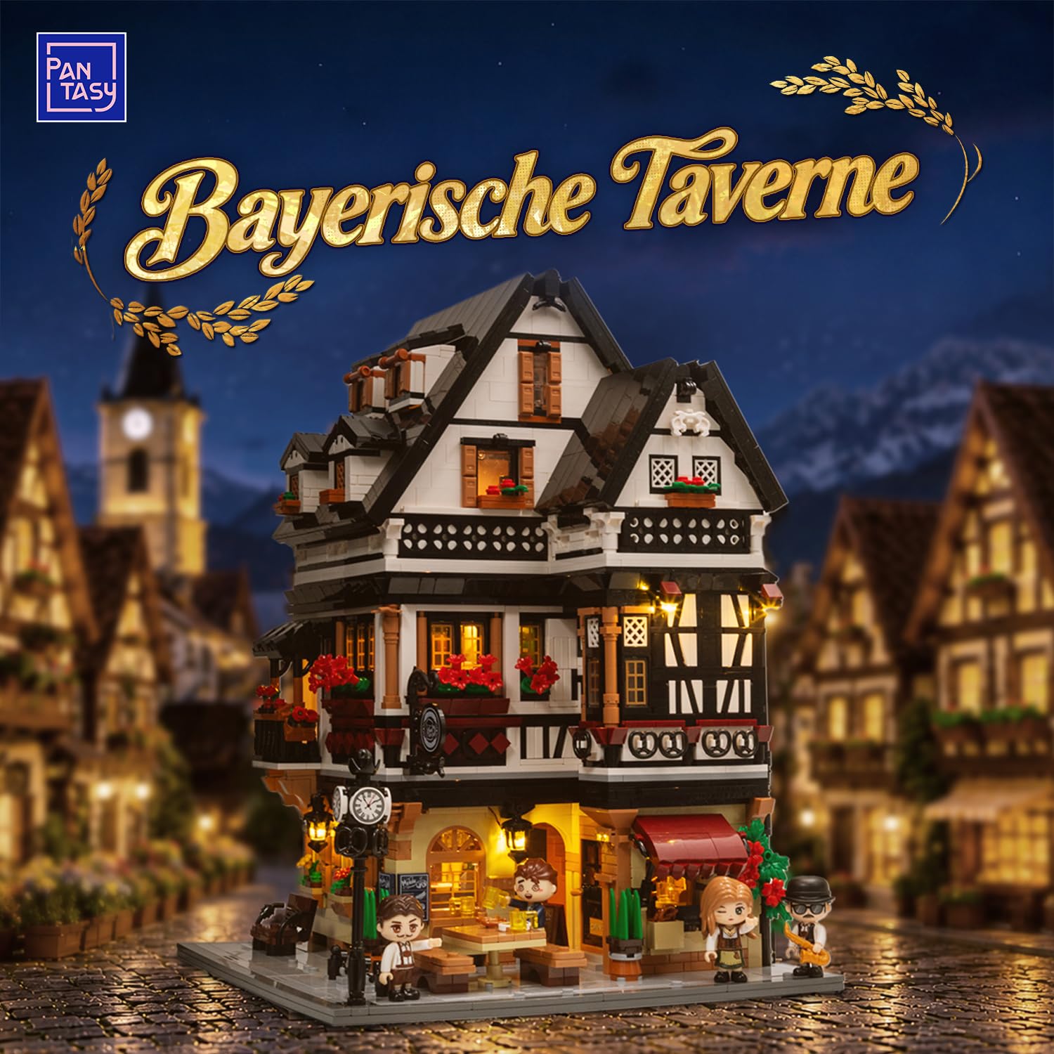 PANTASY Bayerisches Wirtshaus Bauset für Erwachsene mit USB-C-Licht | 3-stöckiges Fachwerk-Modell mit 11 warmweißen Lichtpunkten, USB-C-Anschluss, aufklappbaren Wänden und 43 Druckteilen