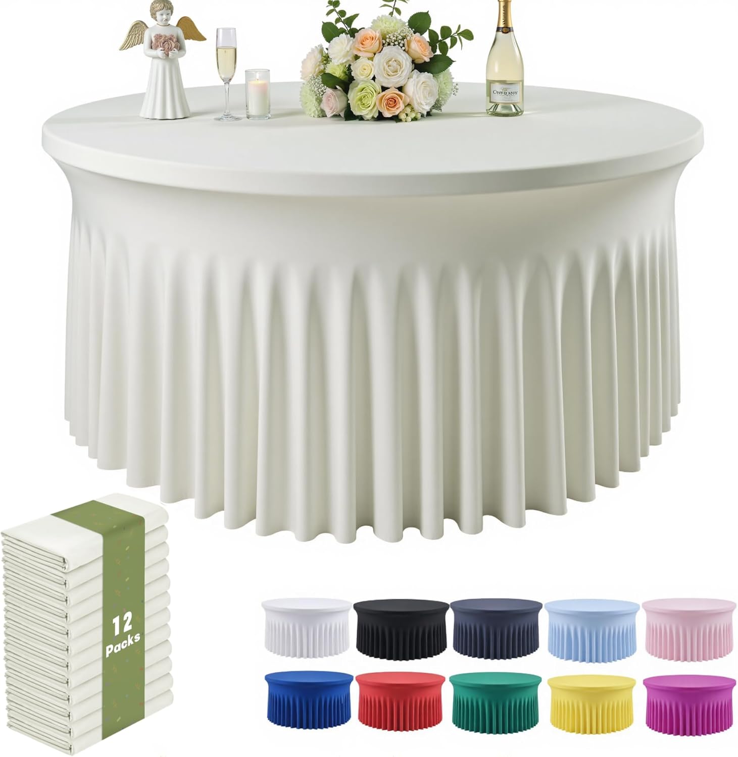 Outpain 12 Pack Spandex Ivory Round Tablecloths for 60in Tables, 120Inch Stretchy Fitted 5FT Round Table Clothes,Wrinkle Free Table Cover with Skirt for Wedding Party Dining Banquet Ivory 60inch(12Pack)