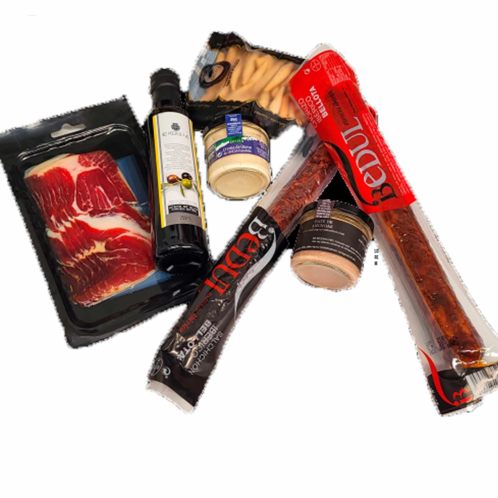 Deliex delicias de Extremadura. Cesta gourmet para regalar con aceite La Chinta, jamón, ibéricos y patés. Regalos para cumpleaños o Navidad. Lote delicatessen.