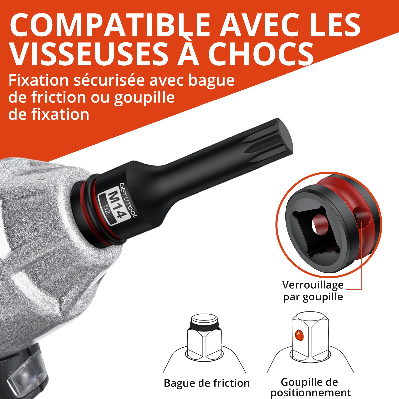 GETLITOOL Lot de 10 douilles à impact XZN en acier S2 triple carré, taille marquée et étui M5-M18 pour réparation automobile et entretien mécanique