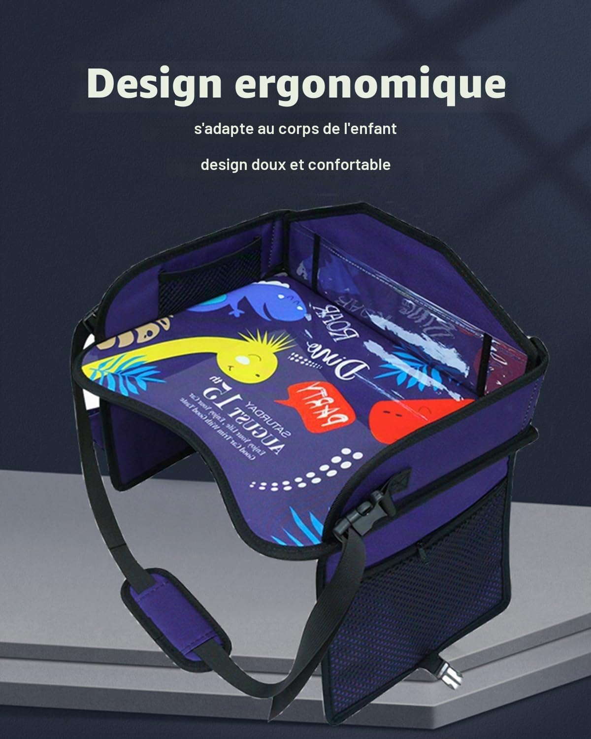 Plateau de voyage pour siège auto pour enfants, table d'activité pour les déplacements, avec poches latérales, sangle réglable, plusieurs couleurs