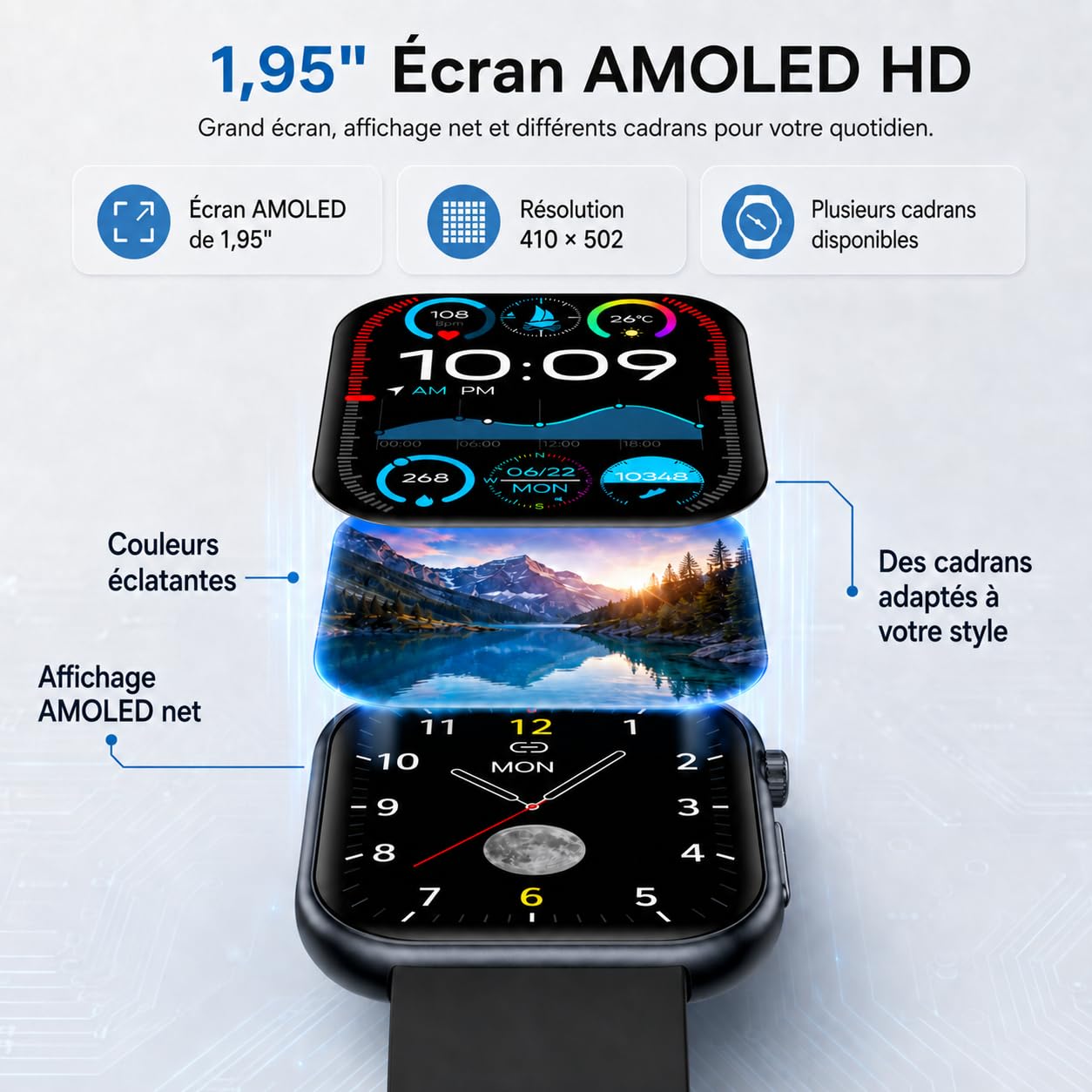 Montre connectée pour homme et femme avec ECG/HRV/IMC, montre de santé AMOLED de 1,95" avec fonction téléphone, appel d'urgence, étanche IP68, compatible Android et iOS, noir