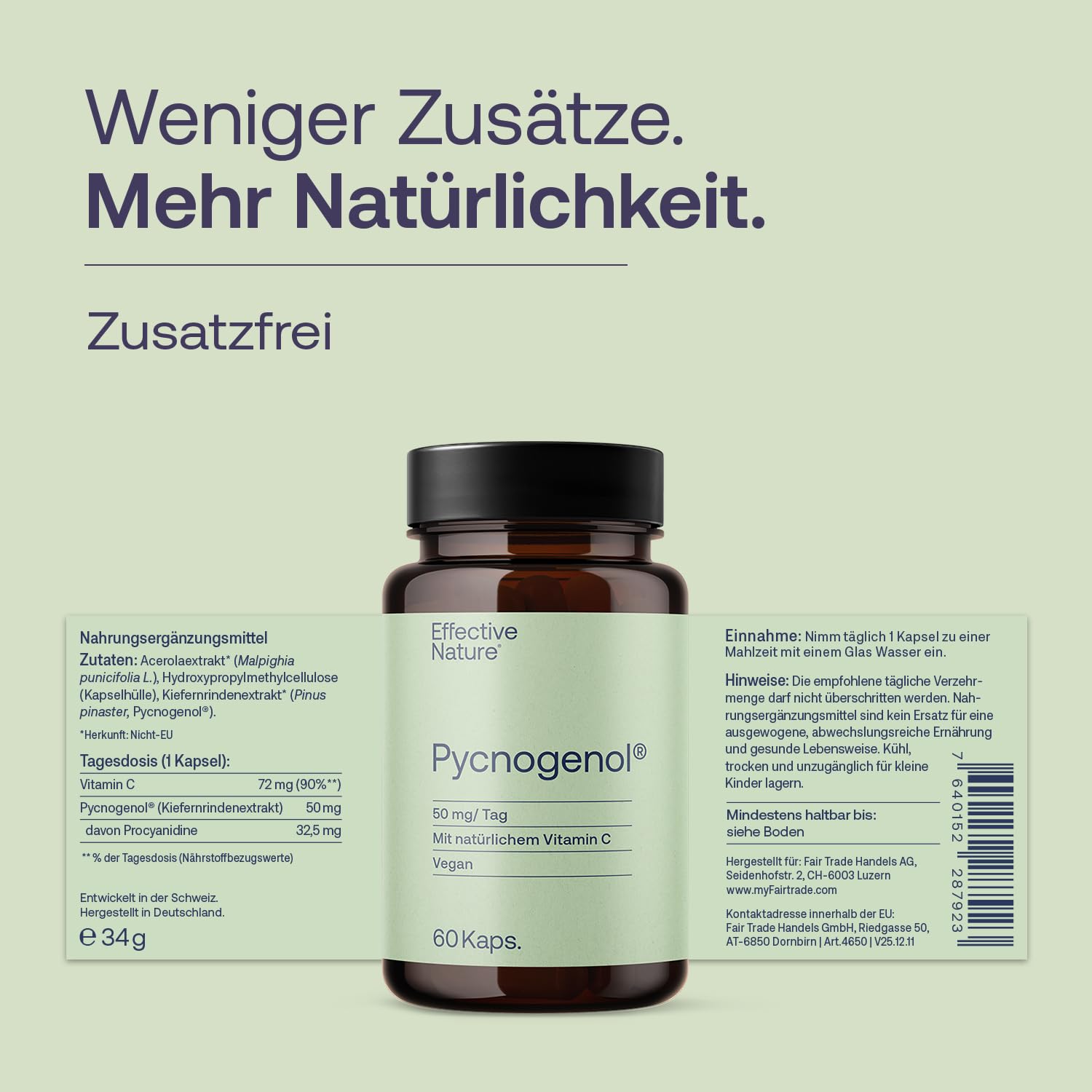 Effective Nature - Pinienrindenextrakt hochdosiert - Original Pycnogenol - mit Vitamin C aus der Acerolakirsche - Vegan - ohne Zusätze
