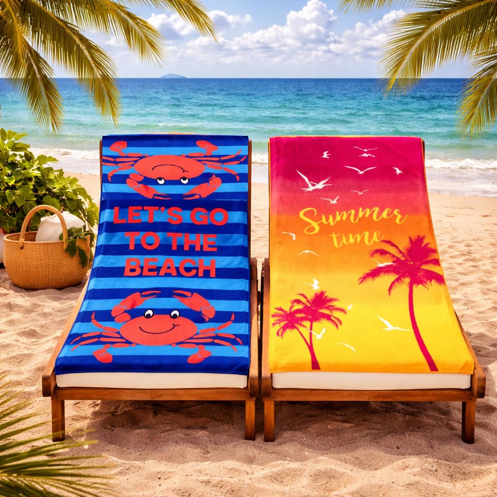 Adore 2 Pack Microfibre Beach Towels 70x140cm - Sand Free Lightweight Quick Dry - Soft Travel Towels for Beach and Pool, Lets Go and Summertime Palms