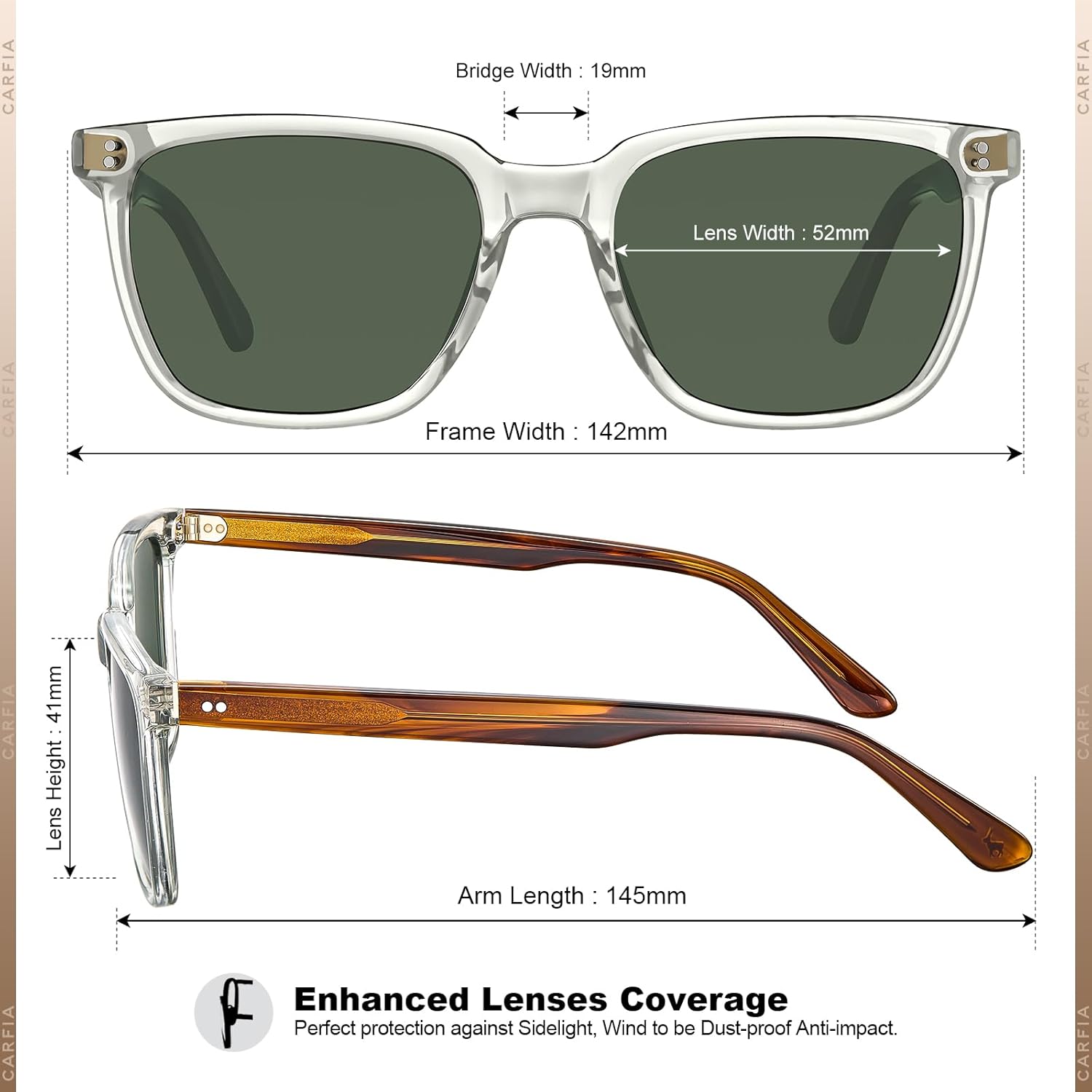 CARFIA Acetate Polarized Sunglasses for Men UV400 Protection Classic Retro Square Shades Driving Glasses - Image 5