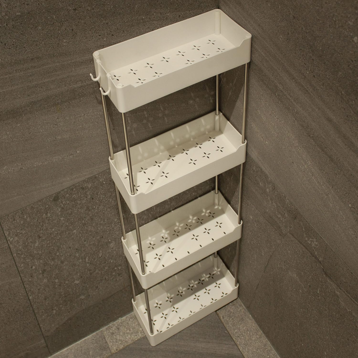 Estante organizador de ducha de 4 niveles de 12.59 x 5.51 x 30.71 pulgadas, estante de plástico para almacenamiento de ducha y cocina (blanco)