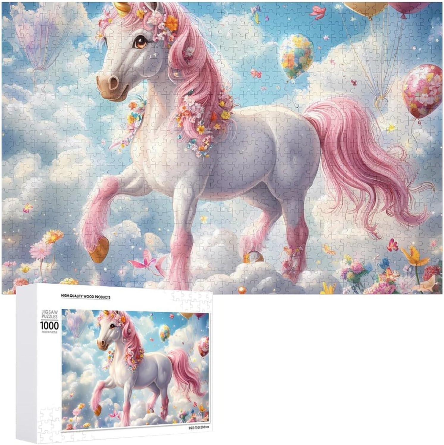 Cute Un-icorn Balloon Flower Wood Puzzle Challenging Jigsaw Puzzles for Women Men
