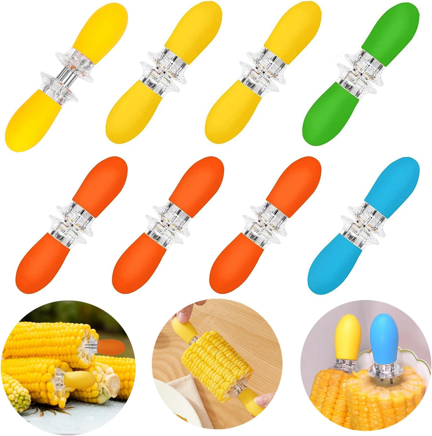 PEOUWNES16 Pcs/8 Pairs Corn Holders, Stainless Steel Corn Cob Holders Corn on The Cob Skewers, Interlocking Double BBQ Fork Skewers for Home Cooking Parties Camping (4 Colors)