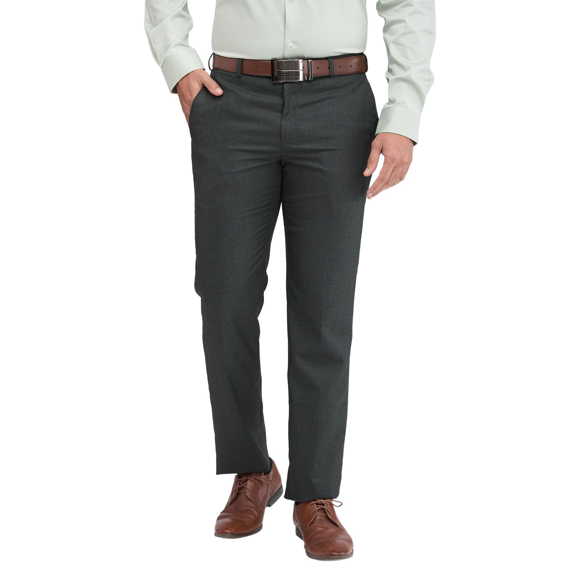 Men's Regular Fit Stripe Pattern Poly Viscose Blend Flat Front Formal Mid Rise Trouser (Size: 32)-PMTX07639-G8 Dark Grey