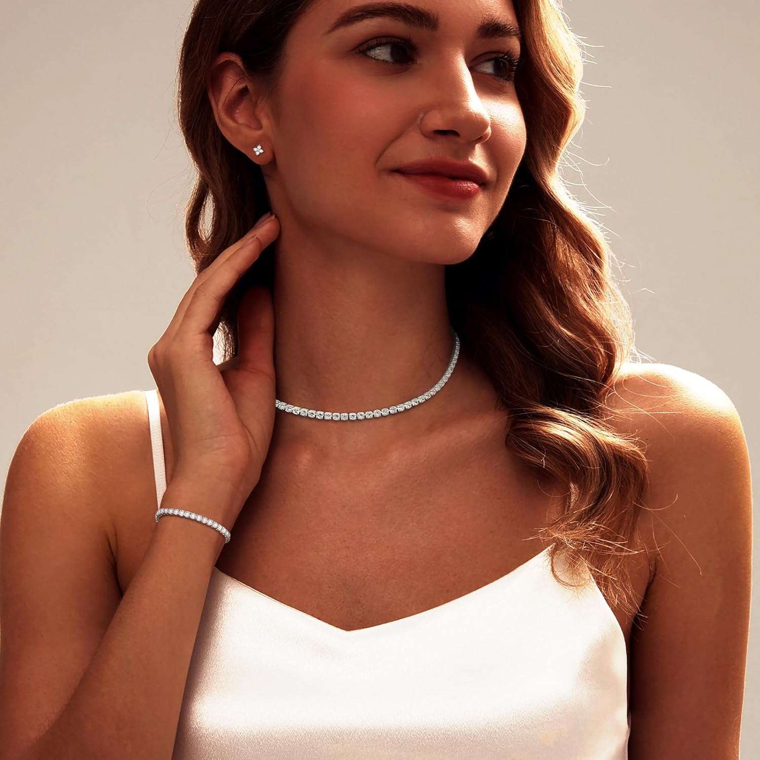 Luxval Tennis Necklace Set for Women Tennis Bracelets Diamond Earrings Sterling Silver Necklace Wedding Jewelry for Bride Silver Jewelry Sets for Women Gift - Image 5