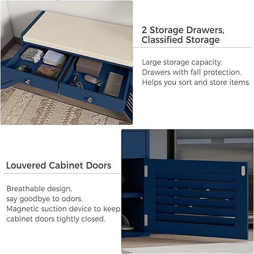 Miniatura 19 de Banco de almacenamiento de 2 niveles, banco de zapatos con cojín de asiento acolchado, banco de entrada con 2 cajones y estantes ajustables, color