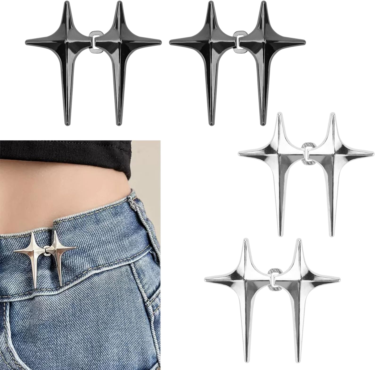 Bekecidi4 Pairs of Star Jeans Buttons Pins, Removable Trousers, Waist Tightener, Adjustable Waist Buckle, Tighten Waist Buttons, No Sewing Trousers, Tighter Clip for Jeans Trousers (Silver, Black)