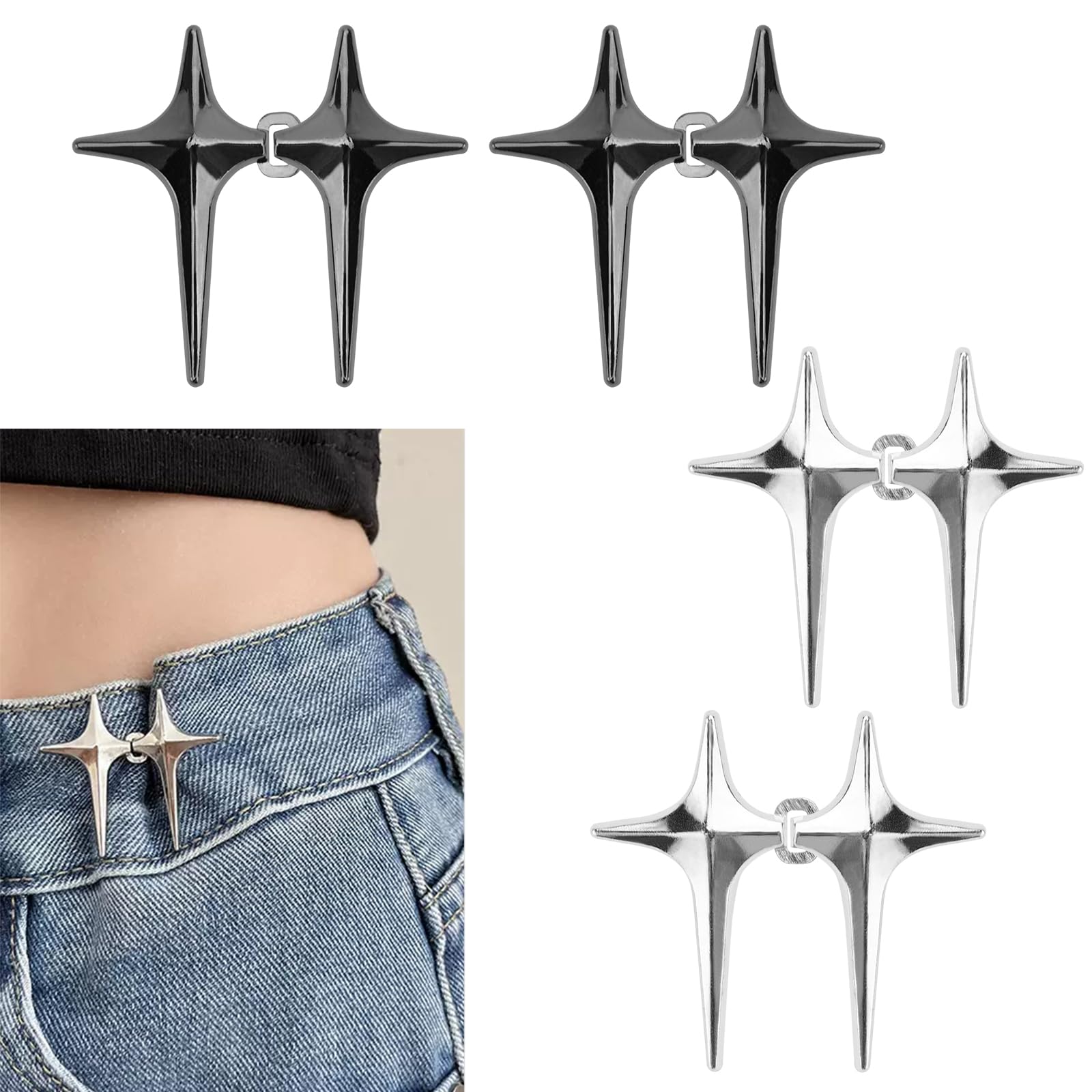 Bekecidi4 Pairs of Star Jeans Buttons Pins, Removable Trousers, Waist Tightener, Adjustable Waist Buckle, Tighten Waist Buttons, No Sewing Trousers, Tighter Clip for Jeans Trousers (Silver, Black)