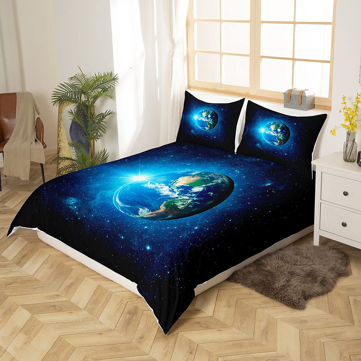 Loussiesd Earth Print Duvet Cover Universe Planet Bedding Set For Kids Boys Girls Children Galaxy Comforter Cover Ultra Soft Blue Milky Way Decor Bedspread Cover Starry Sky Double Size Zipper - Image 2