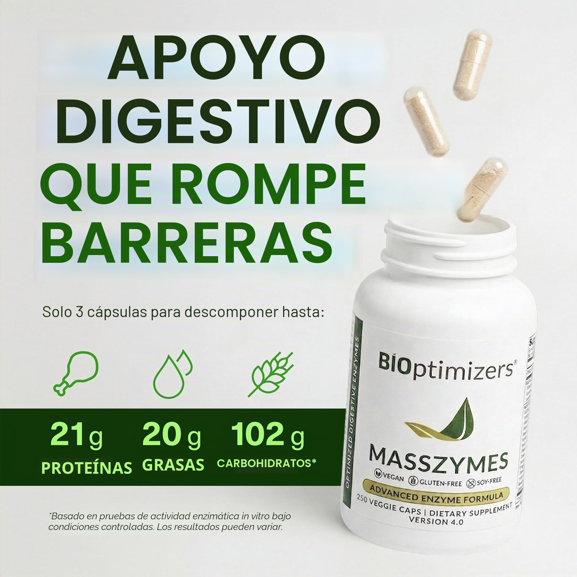 BiOptimizers Masszymes | Suplemento De Enzimas Digestivas Para Una Mejor Absorción | Alivio De La Hinchazón, Estreñimiento Y Gases | Contiene Lipasa, Amilasa Y Bromelina | 250 Cápsulas