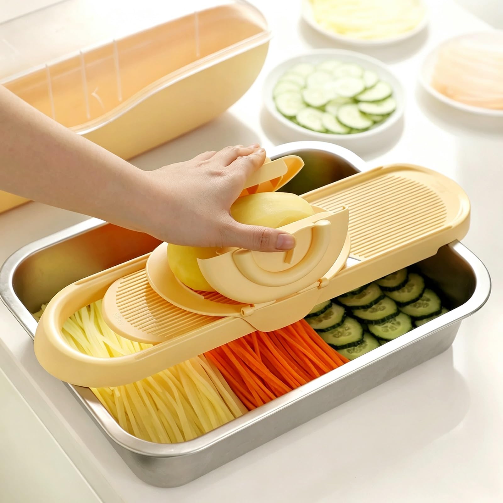 Mandolina de Cocina Profesional 4 en 1 de Acero Inoxidable, Rallador Queso para Cocina, Material PP, 4 Cuchillas Acero Inoxidable, Diseño Redondeado Integrado, para Verduras