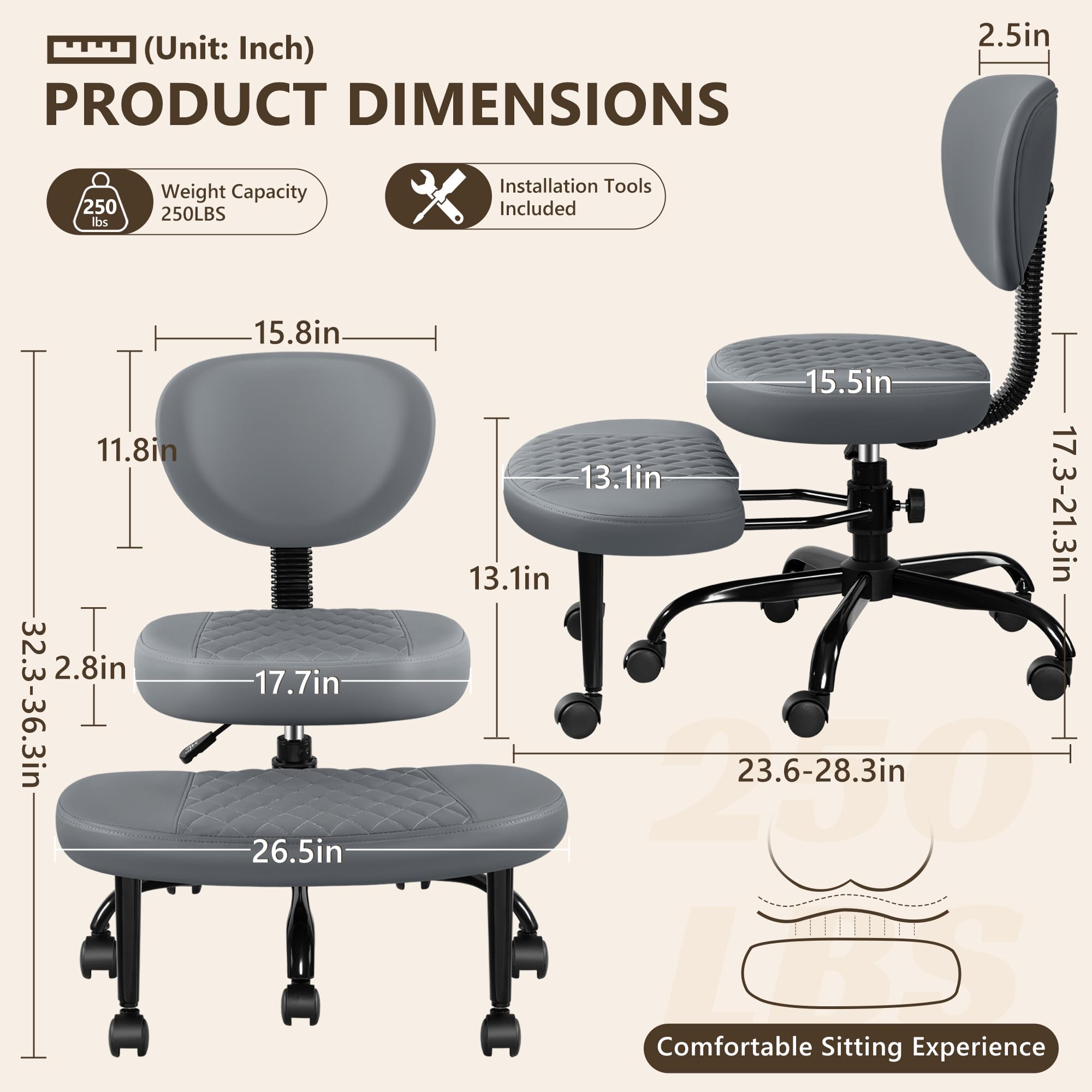 AtHope Ergonomic Cross Legged Office Chair with Wheels - Adjustable Height for Meditation, ADHD Desk & Yoga - Wide Criss Cross Design with Lumbar Support, Kneeling Chair -: Dark Gray