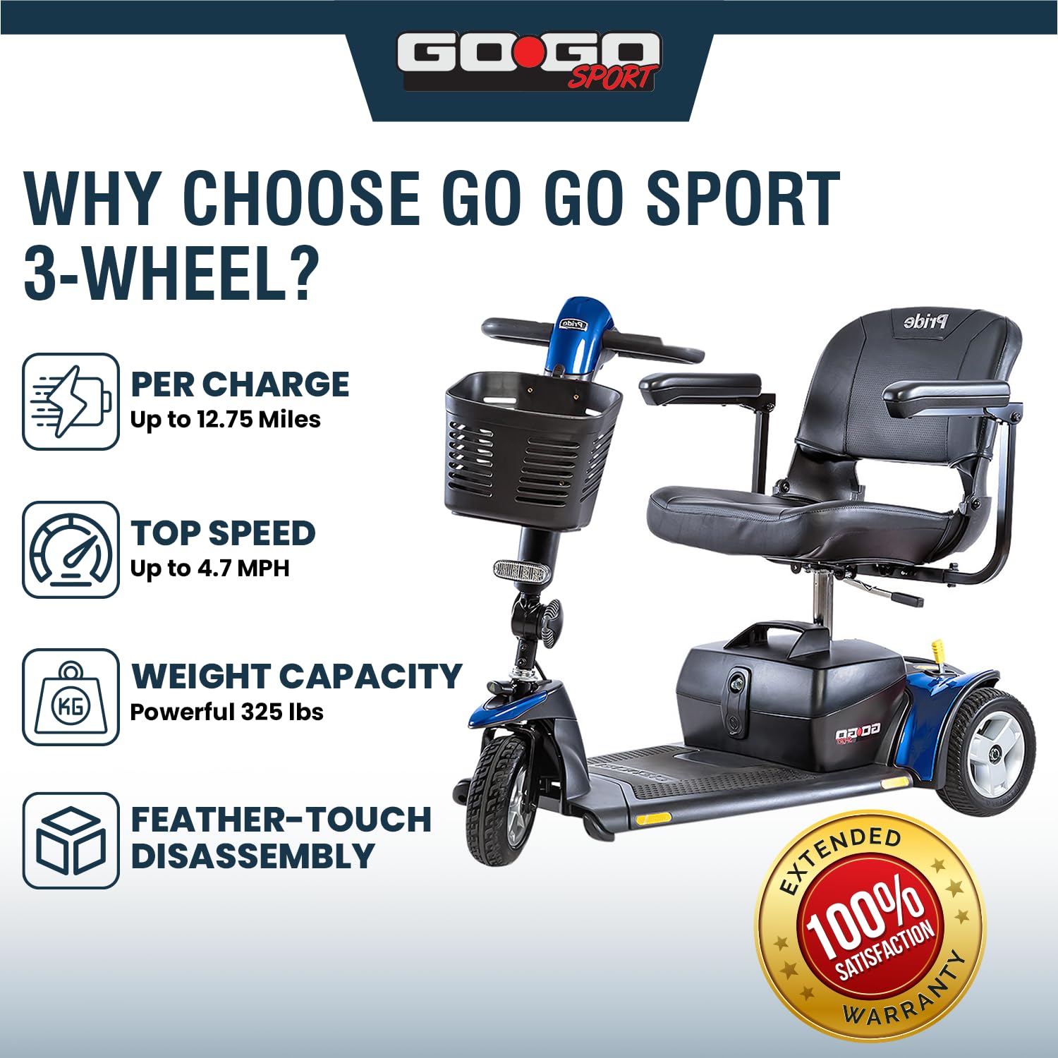 Pride Mobility Go-Go Sport - Patinete deportivo de 3 ruedas con cápsula de almacenamiento, portavasos, Pride Go Go Scooter de movilidad de 3 ruedas para adultos y personas mayores, portátil, batería