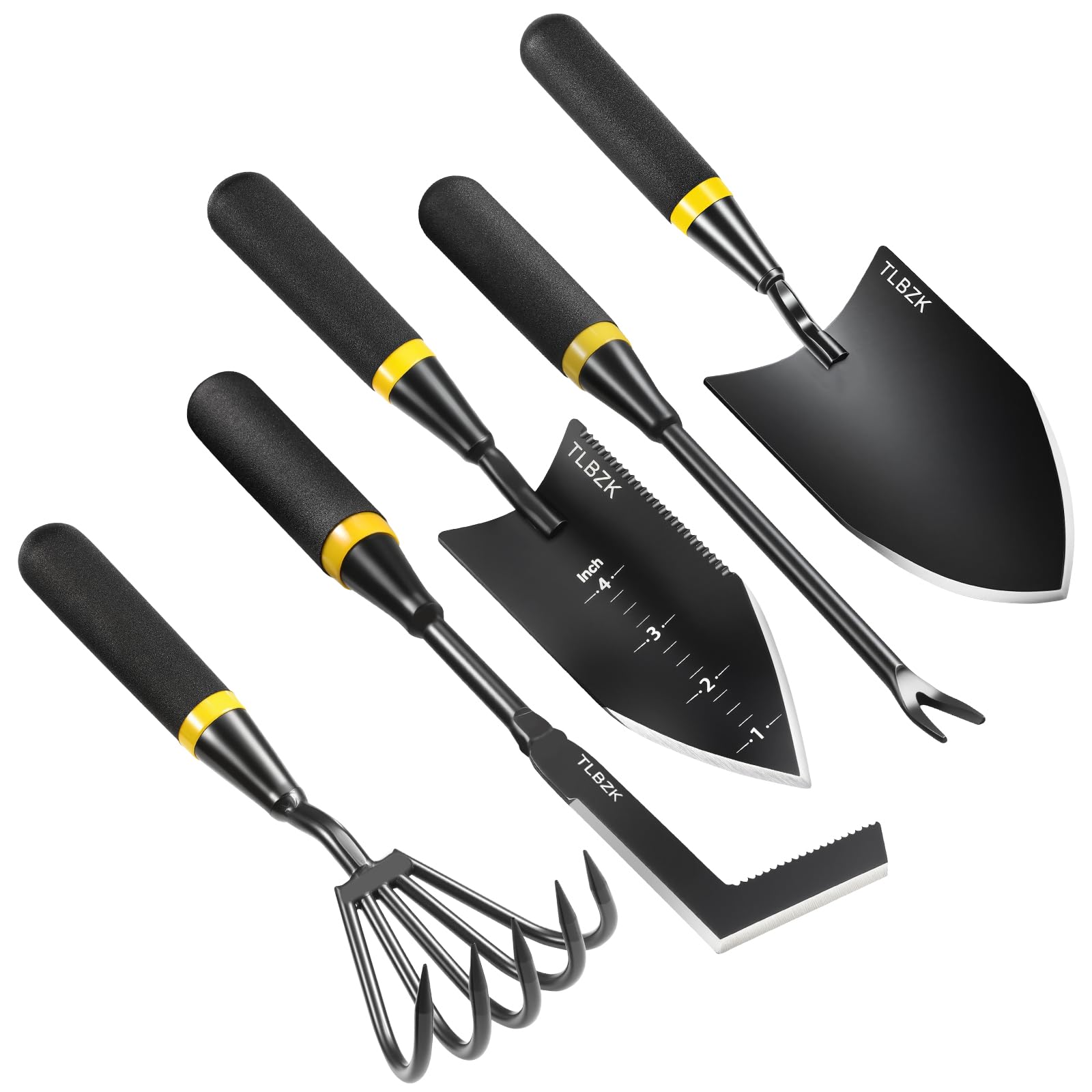 Gartengeräte-Set – bestehend aus einem robusten Handkultivator aus Edelstahl, Einer Pflanzschaufel, Einer Handkelle, einem Riss-Unkrautstecher und einem Löwenzahn-Unkrautstecher