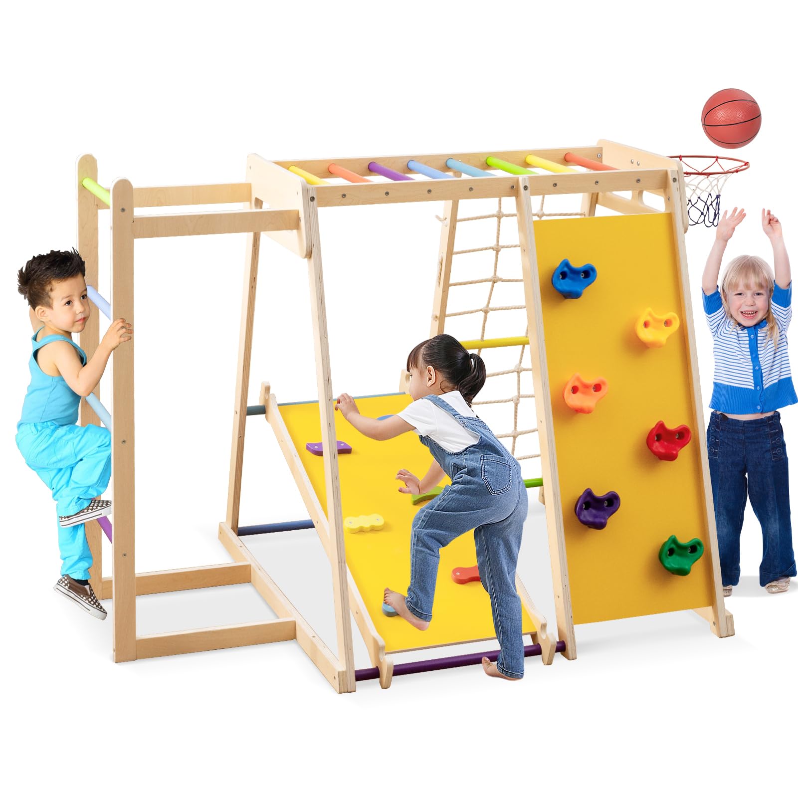 COSTWAY 6 in 1 Indoor Kids Gym, Montessori Wooden Kids Playground Climbing with Slide, Climbing, Basketball Hoop, Monkey Bars, Rope Net, Ladder (Multicolor)