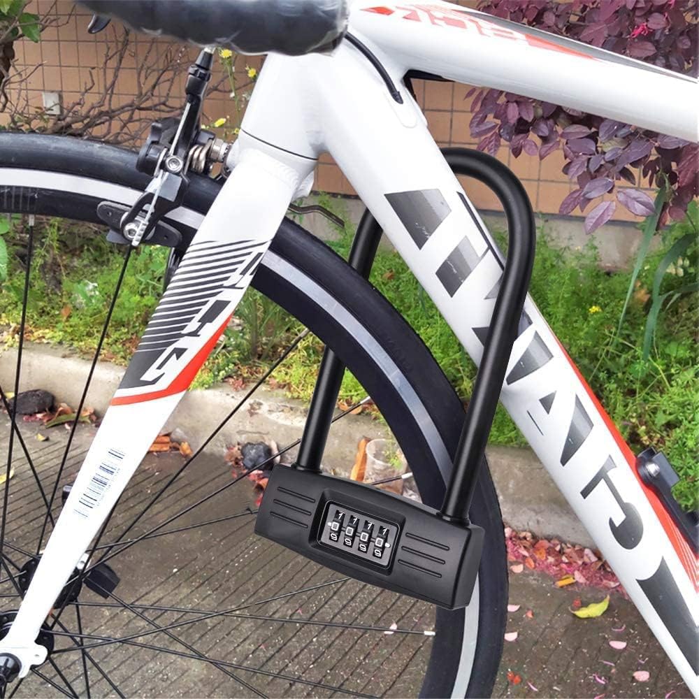 Candado en U Bicicleta,combinación de 4 dígitos, Bloqueo en U, reajustable, Bloqueo de Seguridad, Llave antipérdida, antirrobo, Bloqueo de