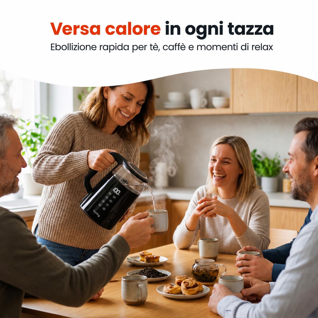 Bollitore Elettrico 1,7 L con Schermo Touch, 2200 W, Acciaio Inox & Vetro, Temperatura Regolabile 40–100 °C, 4 Livelli, Mantenimento Caldo, Filtro Anticalcare, Base Girevole 360°, Nero