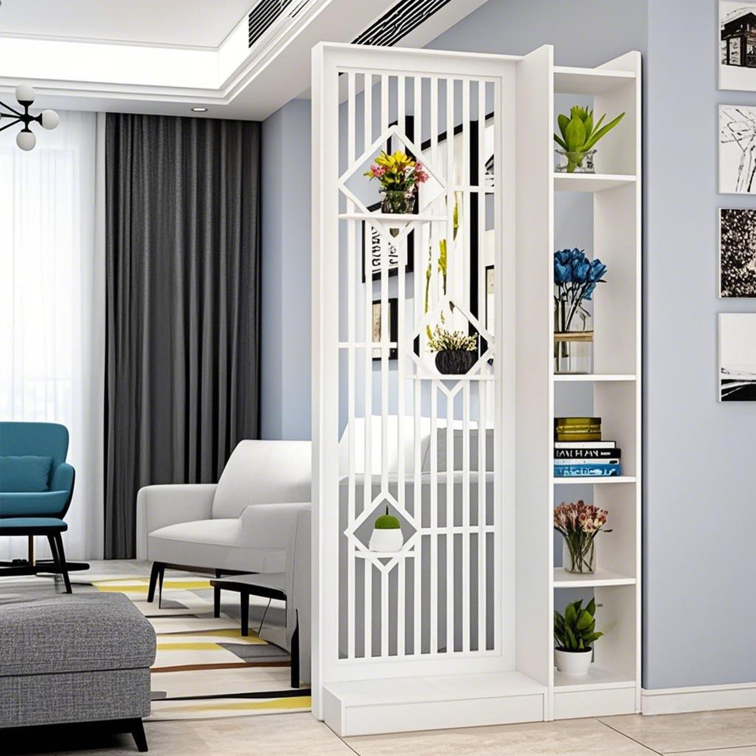 MESCXTY Modern Wall Room Divider, Wood Divider Screen, Storage Cabinet with Shelves，Wall Privacy Screens for Home Office Decorative (White,35.5''L*11.8''W*74.8''H)