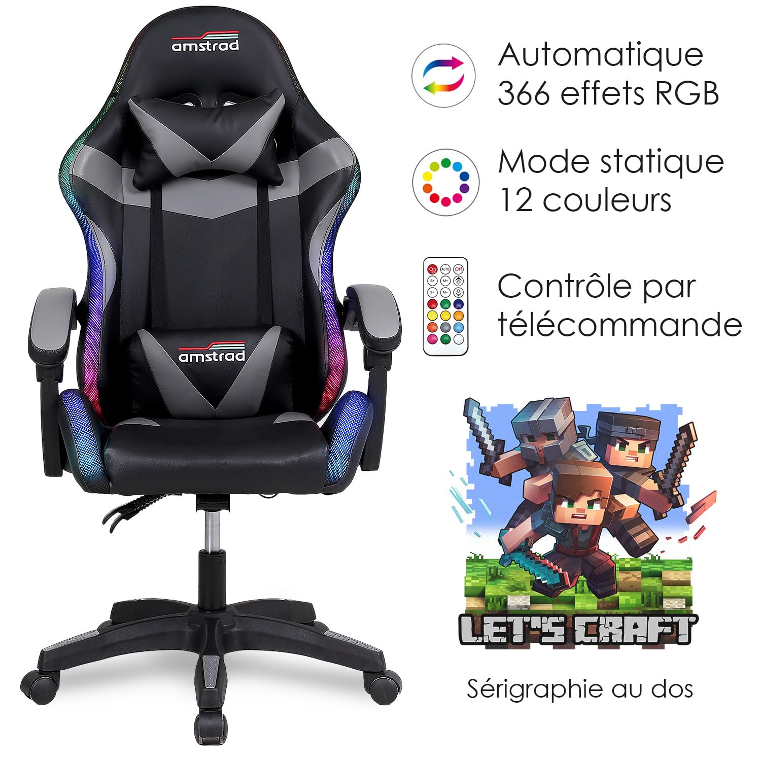 Amstrad AMS-900-LED-CRAFTER - Fauteuil Gaming Noir et Gris - Serigraphie Crafter - Eclairage LED 366 Effets - Télécommande