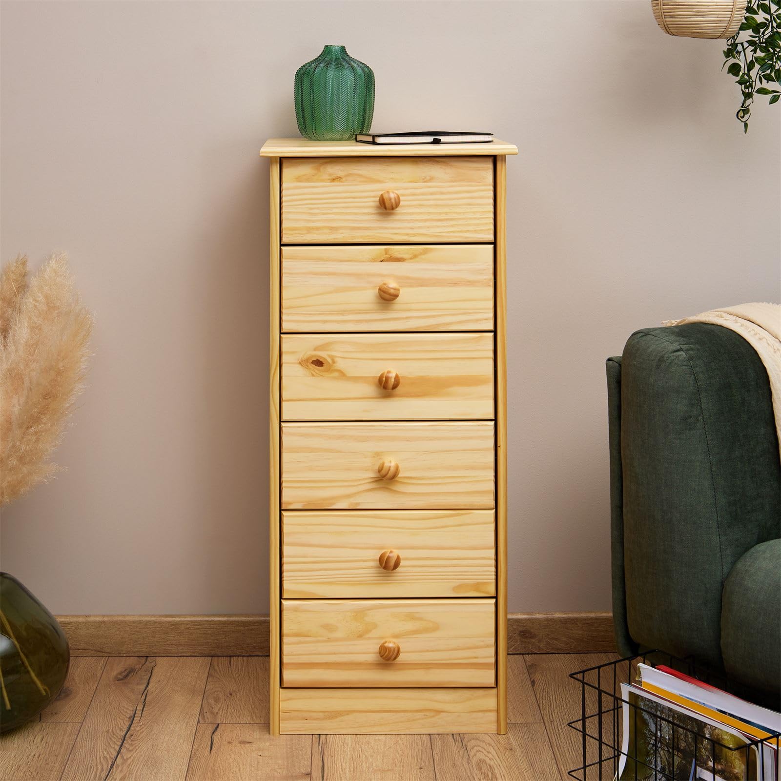 IDIMEX Kommode Hochschrank Anrichte Rondo, 6 Schubladen, Kiefer massiv, Natur lackiert