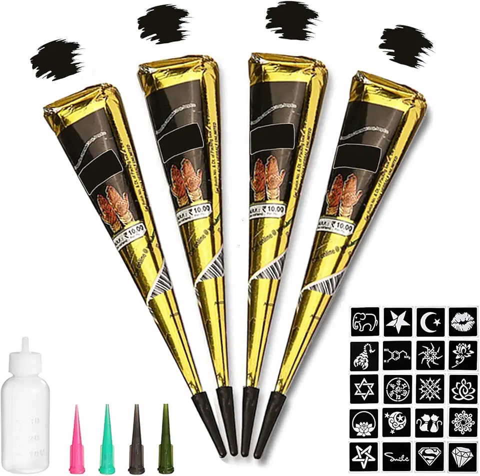Cones de tatuagem pretos, kit de tatuagem temporária preta, 100% natural, pronto para usar, pasta de tatuagem preta, pintura artística do corpo da Índia para mulheres, homens e crianças, com