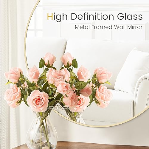 Miniatura 6 de HOMECOOKIN Espejo de pared redondo de 32 pulgadas, espejo circular dorado para baño con marco de metal, espejo dorado redondo para decoración