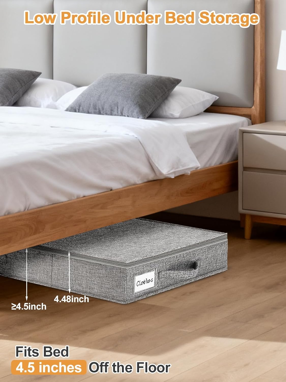 punemi Under Bed Storage Containers, 2 Pack 4.5 Inch Tall Low Profile Underbed Clothes Storage Organizer Bin with Sturdy Side & Bottom Support, Use as Clothes Organizer, Pillow and Blanket Organizer - Image 2