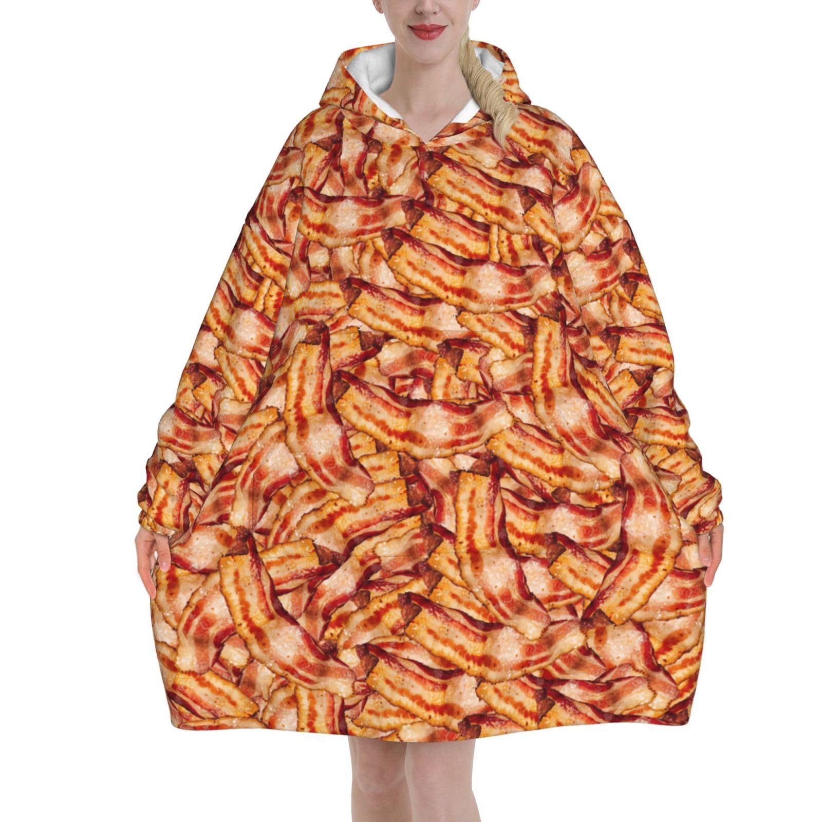 Funny Bacon Modern Vegetable Wearable Blanket Hoodie, Oversized Cozy Warm Sherpa Hooded Blankets Sweatshirt For Women Men