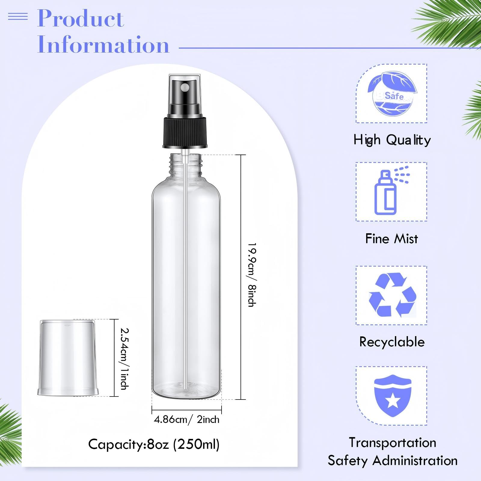 Lot de 32 flacons vaporisateurs vides en plastique transparent rechargeables avec bouchon de pulvérisation pour huiles essentielles, parfums de voyage, 227 g, noir