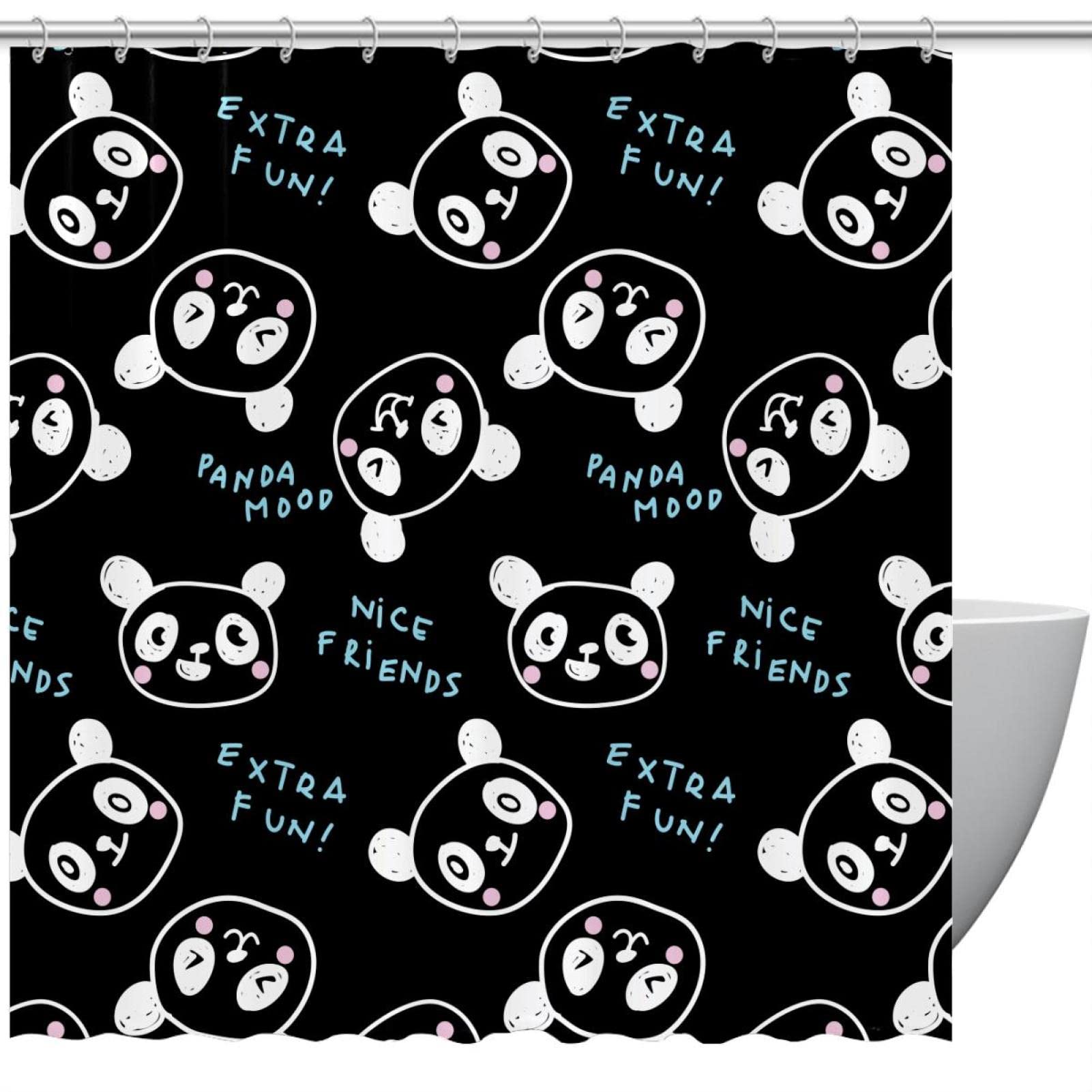 Rideau de douche imperméable 168x183 cm avec anneaux motif panda dessin fait main