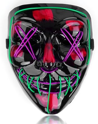 SOUTHSKY LED Mask,Black Horror Full Face,2 Color Neon Light Glowing,PVC Material,for Halloween Festival Carnival Rave Costume Cosplay