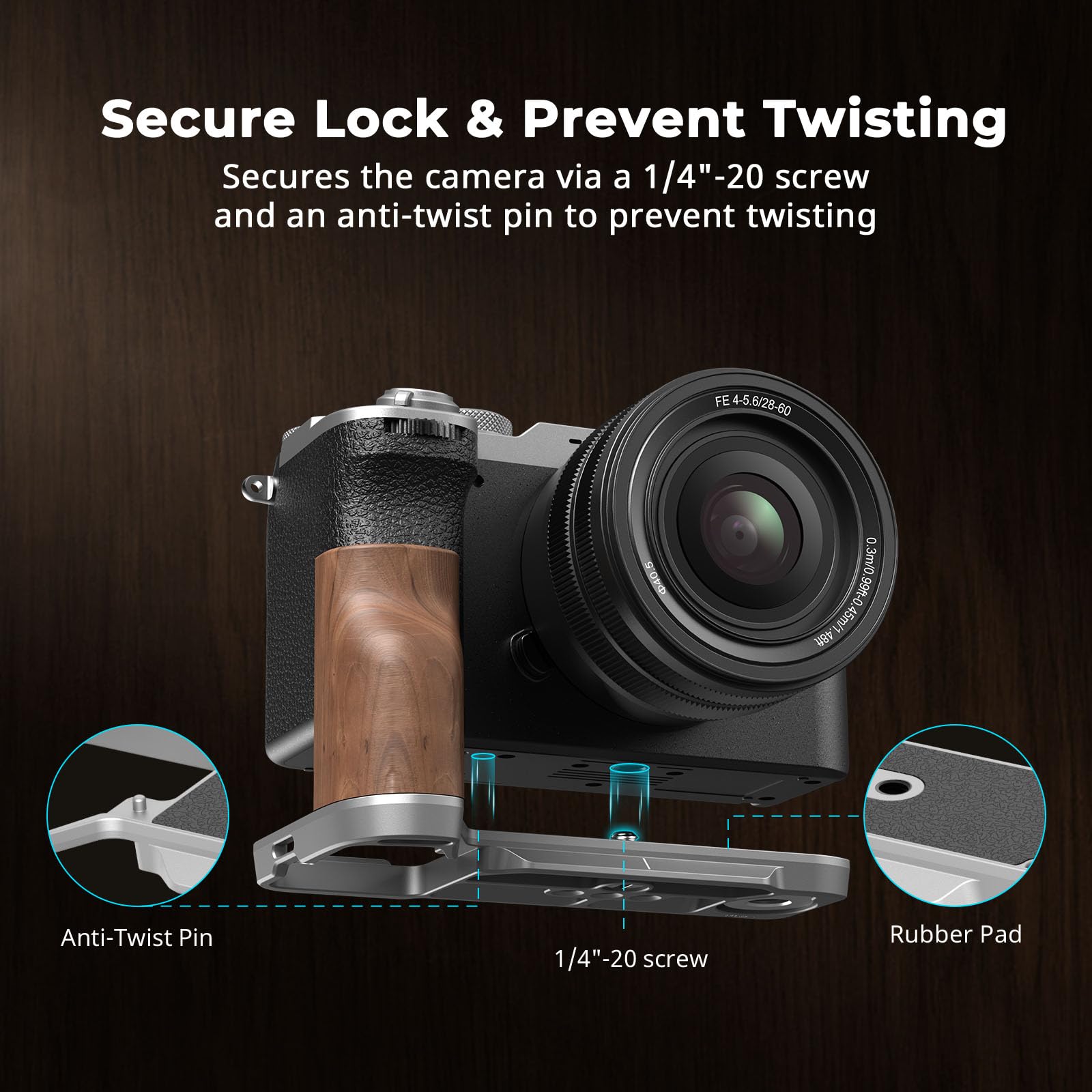 SMALLRIG A7C II / A7CR Handgrip L-Shape Grip dla Sony Alpha 7C II/Alpha 7CR, Płytka Szybkiego Zwalniania dla Arca, Lekki Drewniany Uchwyt Boczny, do Szybkiego Przełączania na Statywy - 4796