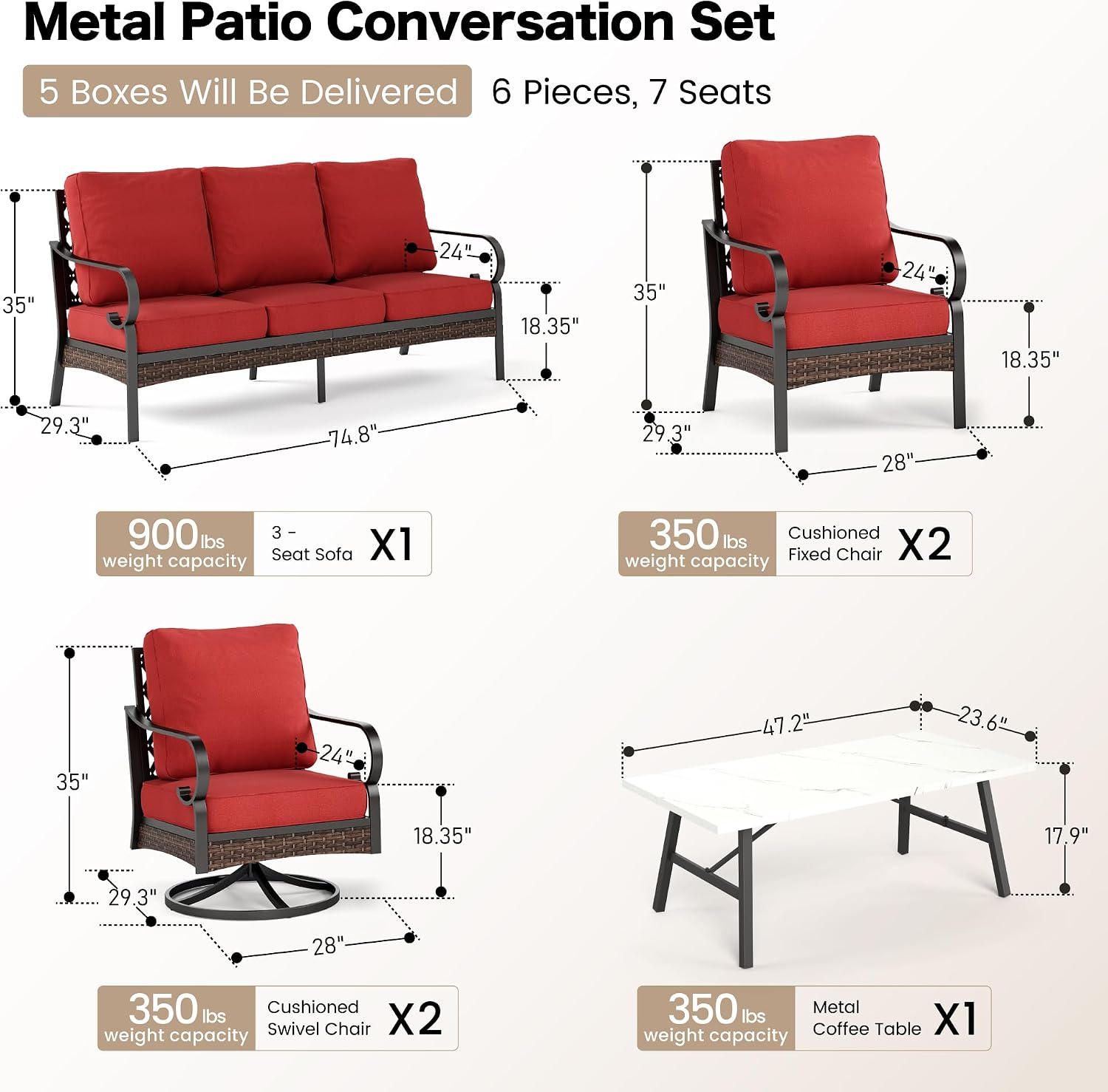 SUNSHINE VALLEY 6 Piece Metal Outdoor Patio Furniture Set, Patio Conversation Set with Swivel Chair and 5.75" Thick Cushion & Coffee Tabl, Outdoor Seating Black Frame Backyard Furniture, Rust Red