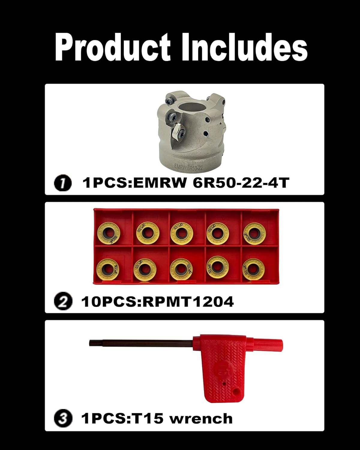 EMRW 6R 50-22-4T Face Mill Cutter Holder with 10pcs RPMT1204 Carbide Inserts, Round Milling Tool for Rough Machining on Milling Machine, Includes T15 Spanner