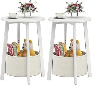 sthmec Small Round Side End Table Set of 2 with Cloth Storage Basket, Round Bedside Sofa Couch Coffee Tables for Small Places with Metal Frame, Modern Nighstands for Living Room Bedroom,White