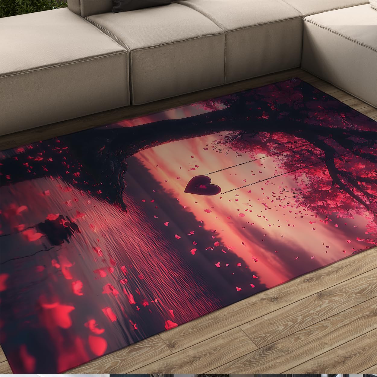 Tapis de salle à manger rose 140x200cm à poils bas et motif cœur